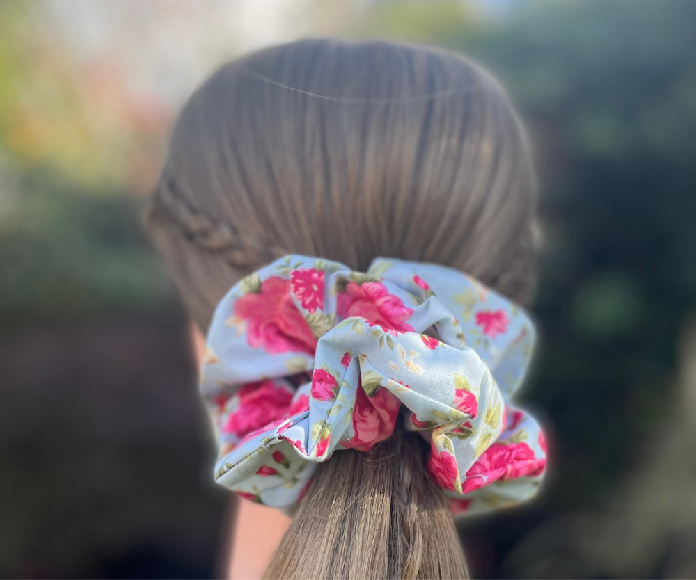 Blue and Pink Floral Scrunchie