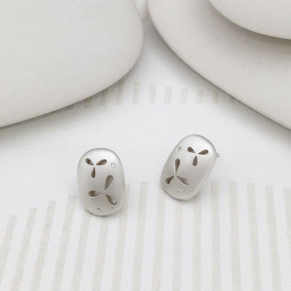 Pierced Silver Small Earrings with Diamonds