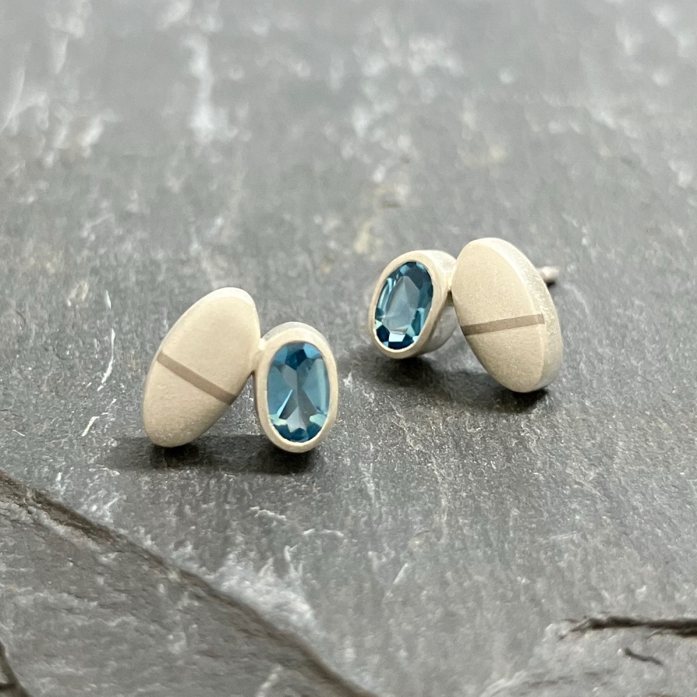 Ellipse Silver Earrings with 18ct Gold Inlay and Buff-top Stone