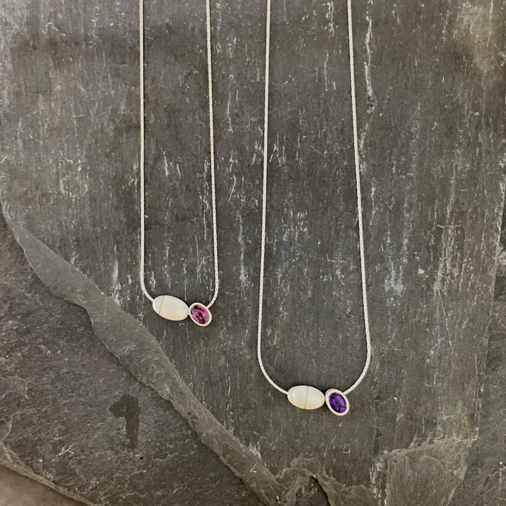 Ellipse Silver Necklace with 18ct Gold Inlay and Buff-top Stone