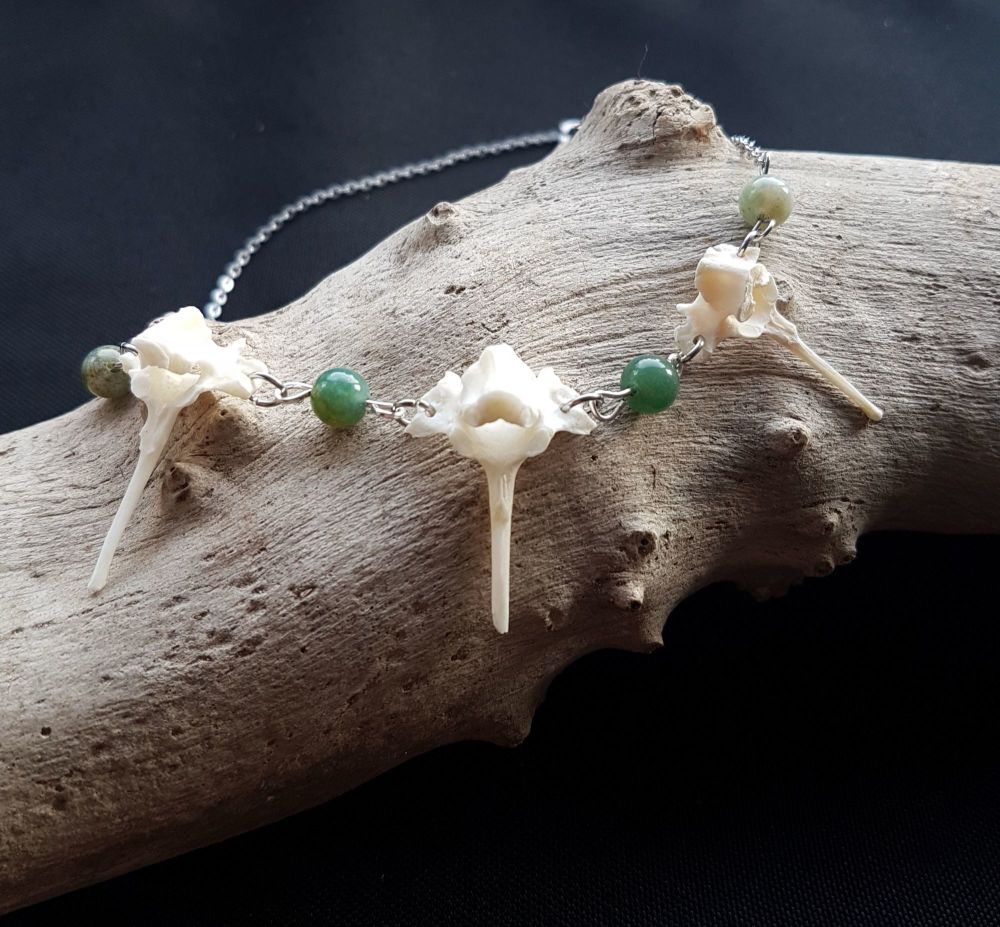 Rabbit Vertebrae Necklace With Green Moss Agate Beads