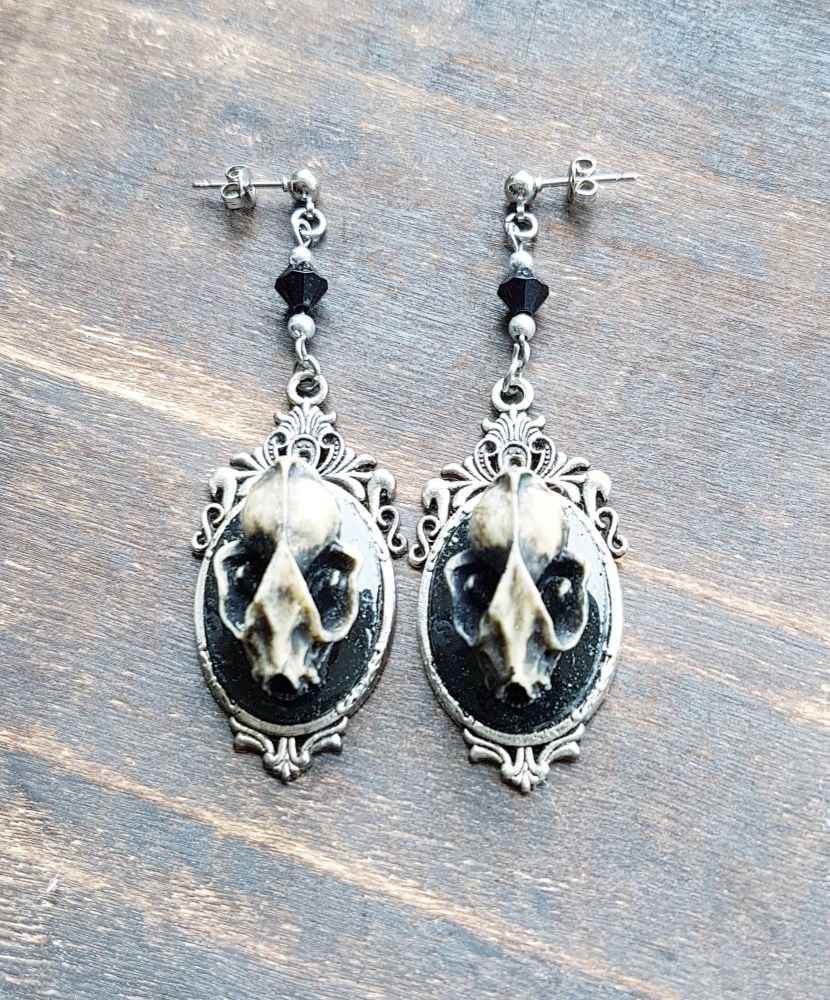 Resin Bat Skull In Ornate Pendant Earrings