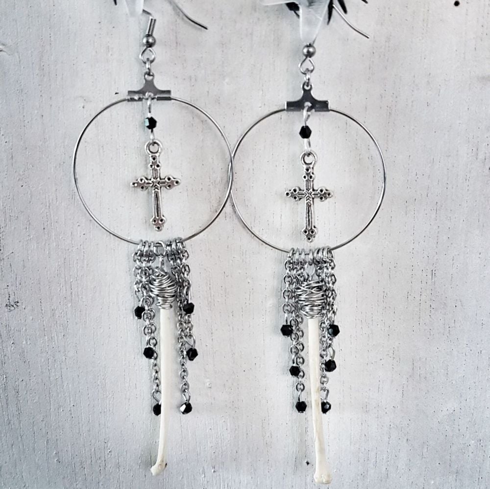 Crow Fibula Crucifix Dangle Hoop Earrings