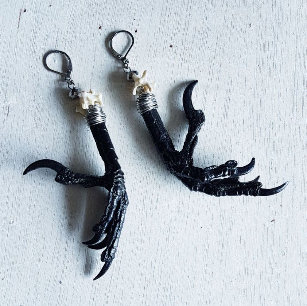 Crow Feet Crow Vertebrae Bead Earrings - Wire Wrapped