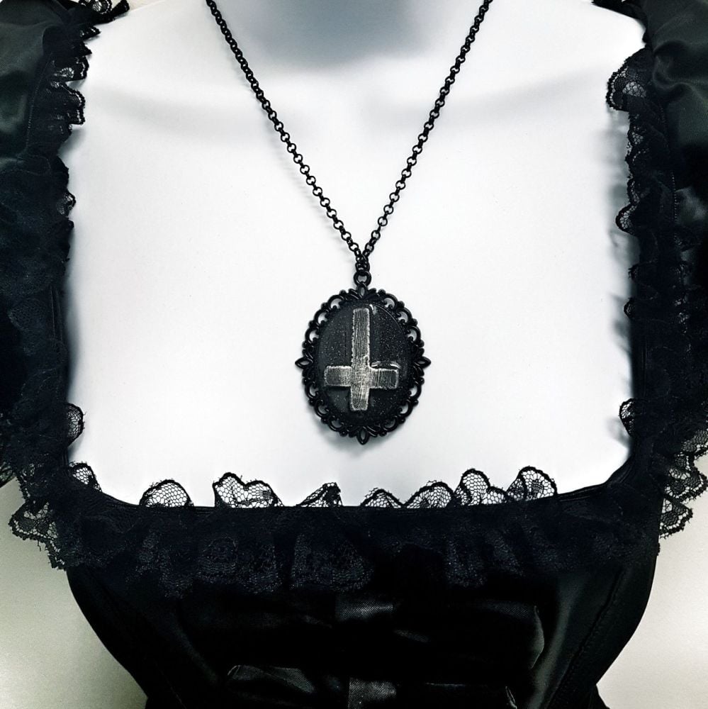 Inverted Crucifix Ornate Pendant Necklace Occult Gothic