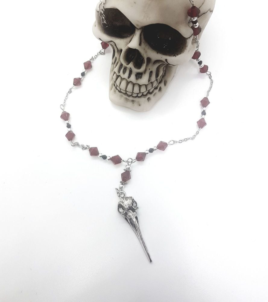 Red Rosary Style Raven Skull Necklace