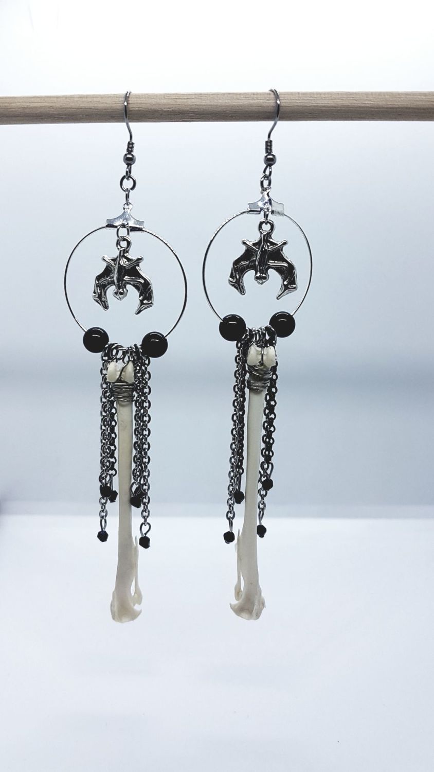 Hare Bone Obsidian Dangle Hoop Earrings With Bat Charms