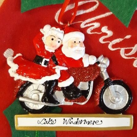 Mr & Mrs Claus on their Motorcycle