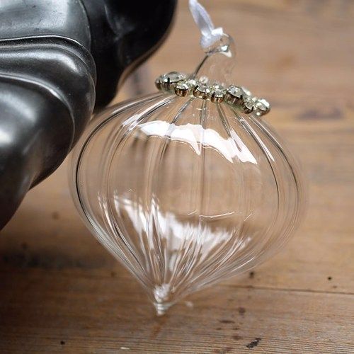 Clear Glass Sultan Bauble Grooved & Silver Beaded - 8cm