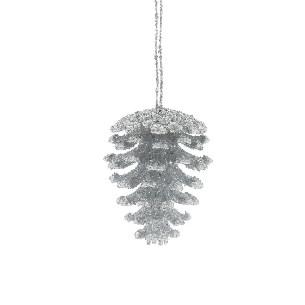  Silver Glitter Pinecone Bauble with hanger - 8cm tall