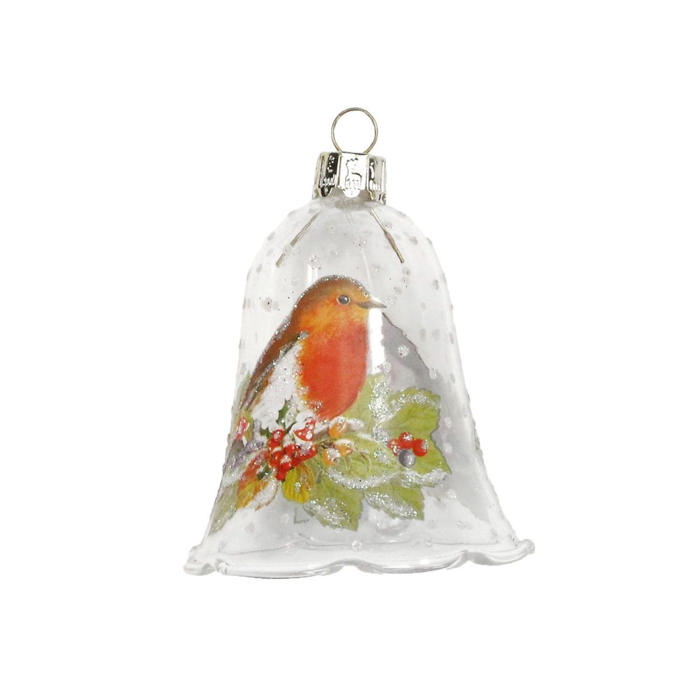 A Beautiful Glass Robin Red Breast Bell shaped Bauble - 8cm tall x 6.5 diam