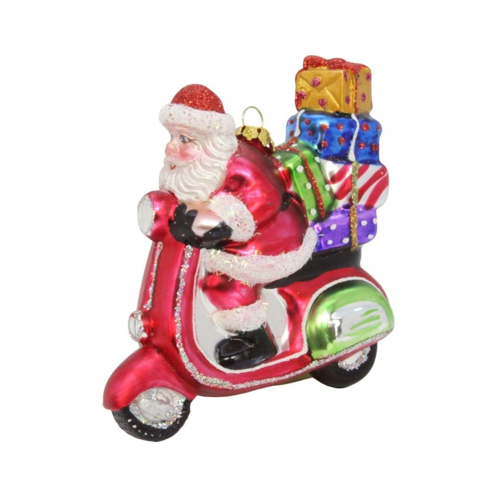Fun Glass Santa on a Moped Bauble - 11cm tall x 12cm long x 5cm wide