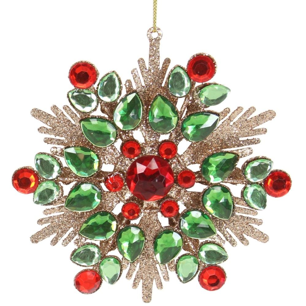 Green, Red & Gold Glitter Jewelled Snowflake Bauble - 15cm x 15cm