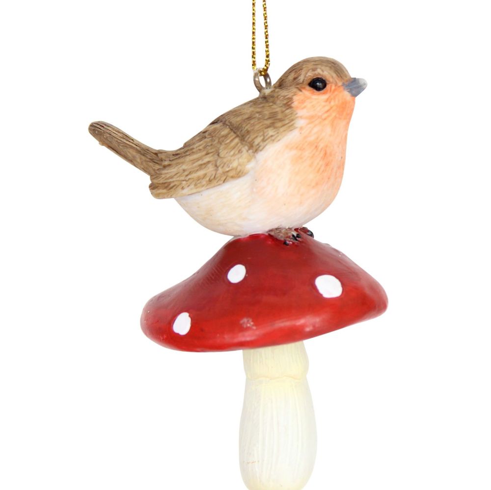 Robin Red Breast Bauble sitting on a Toadstool - 8cm tall x 5cm long x 4cm