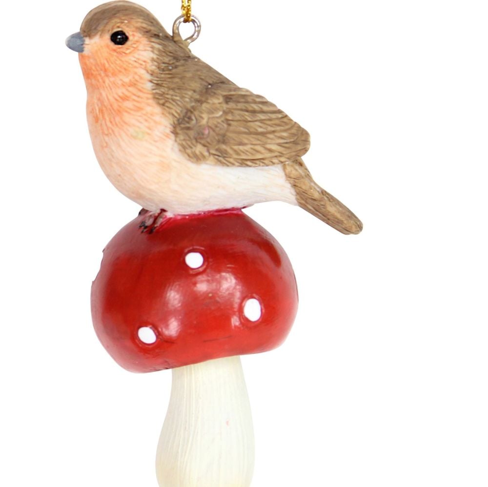 Robin Red Breast Bauble sitting on a Mushroom - 8cm tall x 5cm long x 3.5cm