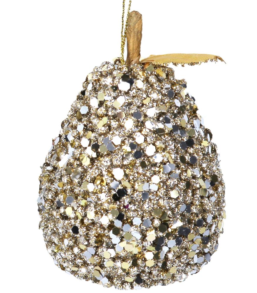 Gold Sequin Pear Bauble - 10cm tall x 7.5cm diameter