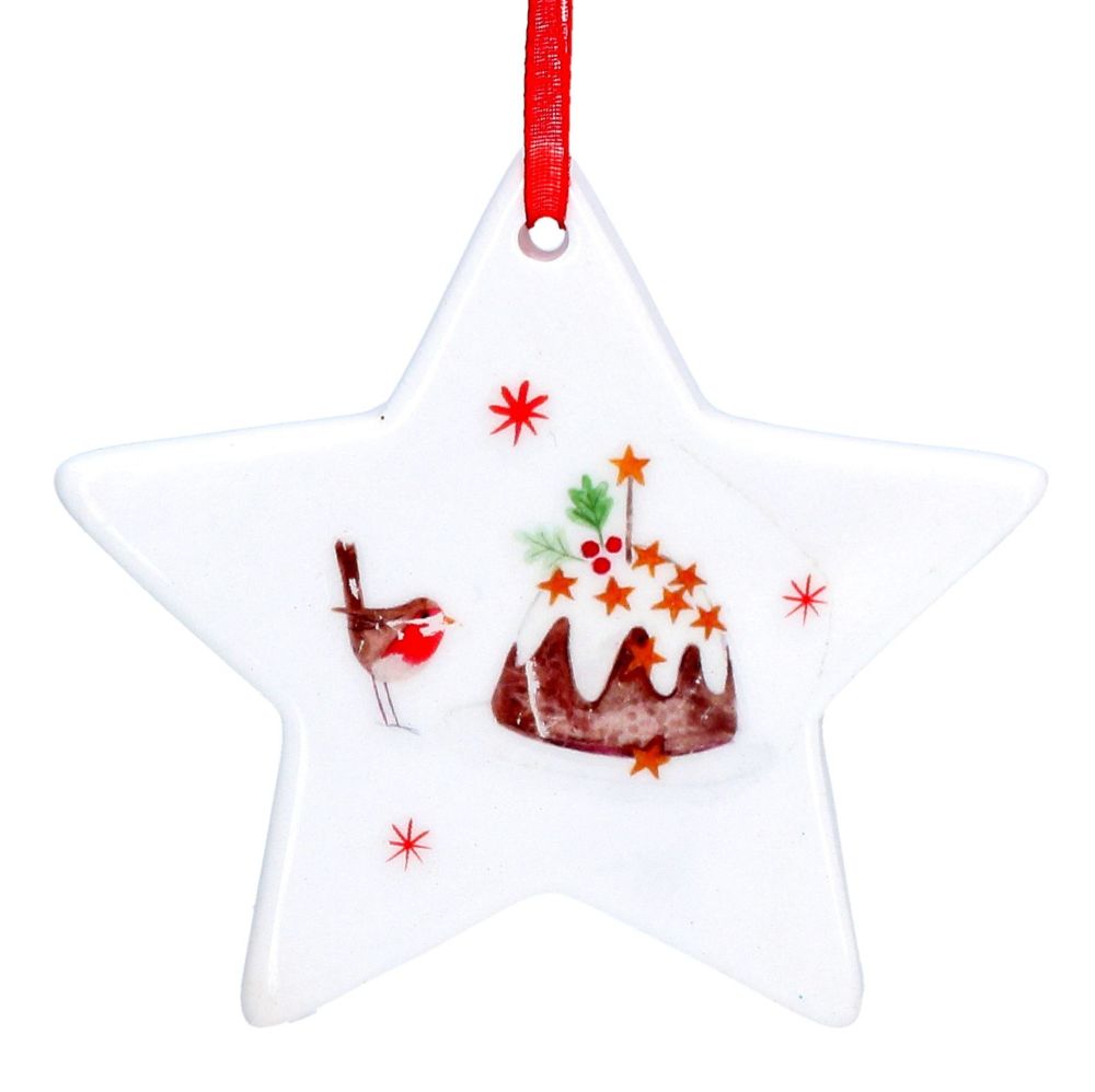 White Ceramic Christmas Pudding Star Bauble - 7.5cm x 7.5cm