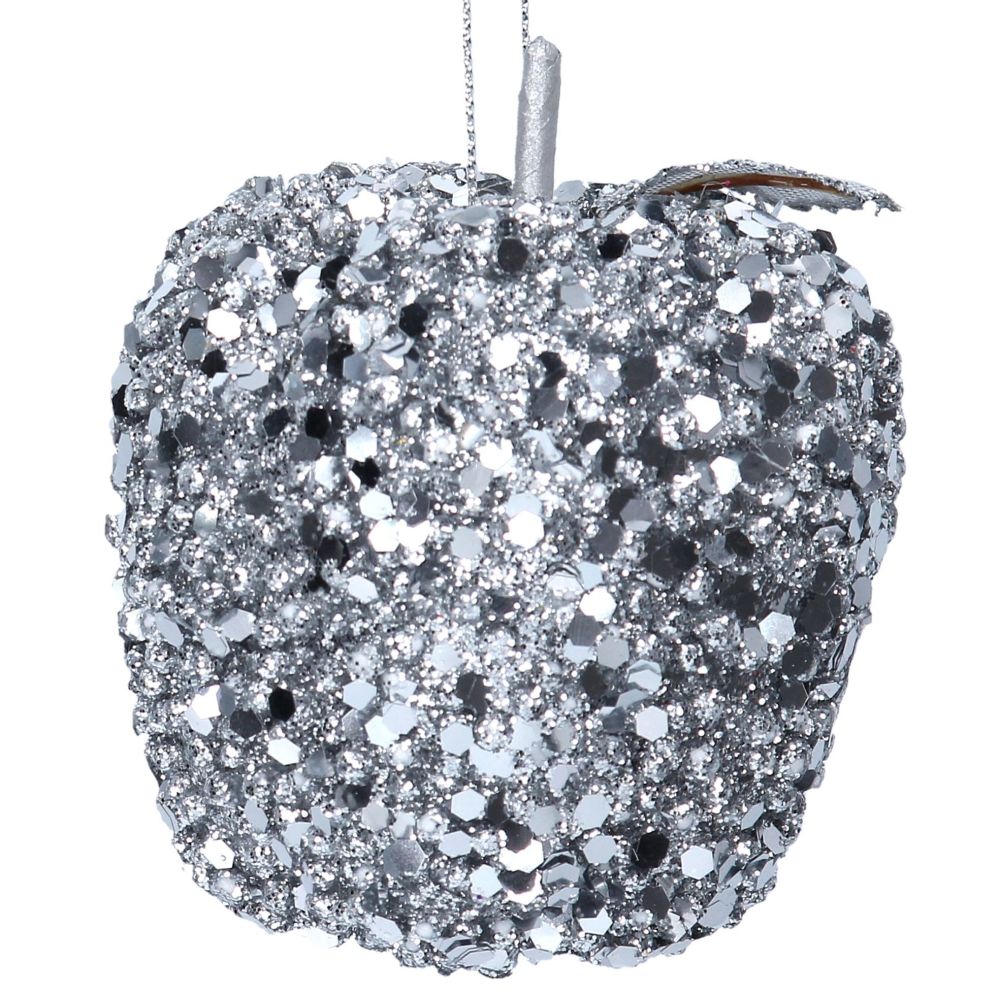 Silver Sequin Apple Bauble - 8cm tall x 8cm diameter