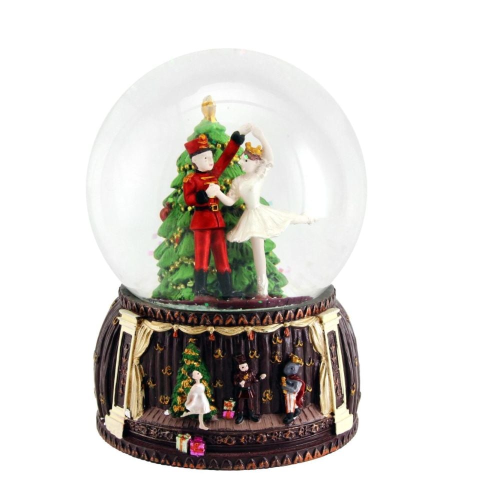 Nutcracker & Ballerina Snowglobe with wind up Musicbox - 14cm x 9cm x 9cm