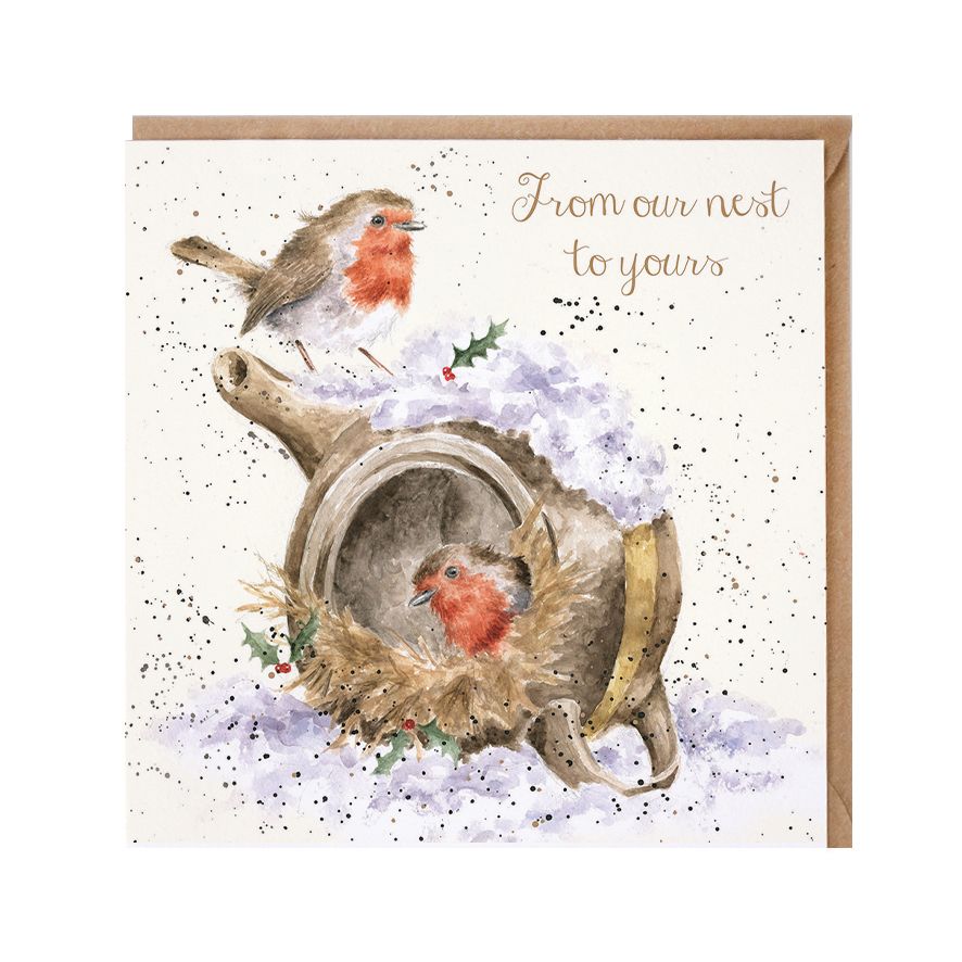 'From our nest to yours' Robin & Teapot Christmas Card - 15cm x 15cm