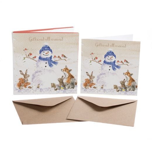 'Snowman & Friends' Pack of 8 luxury gold foiled cards and envelopes - 12cm