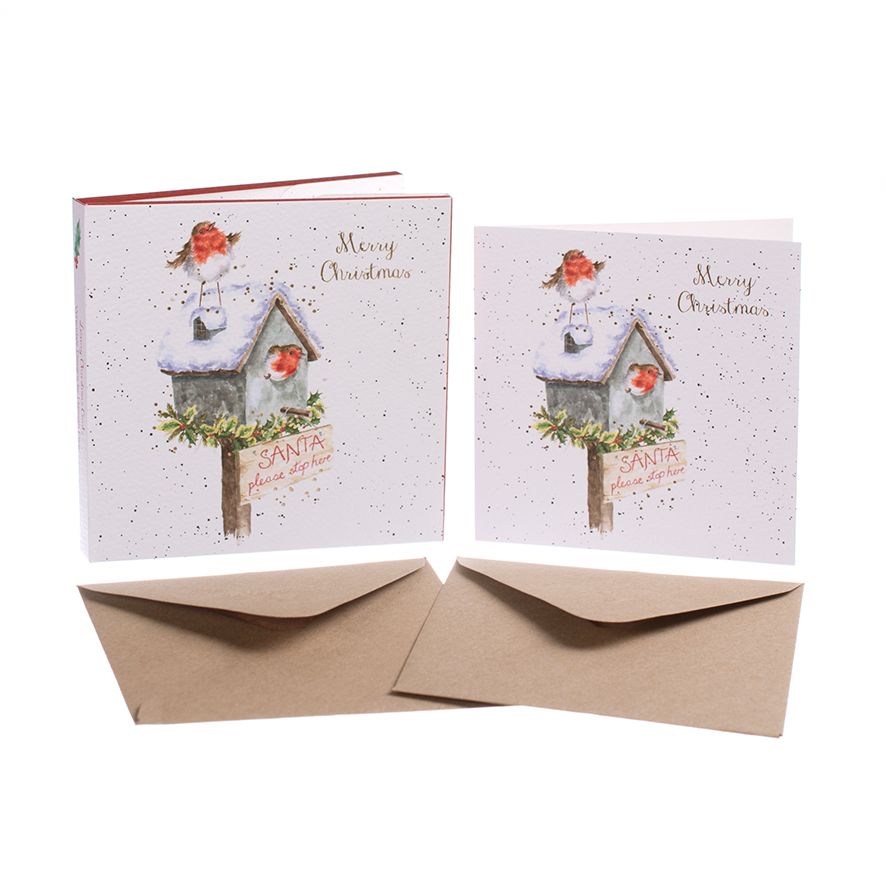 Robin 'Santa Please Stop Here' Pack of 8 luxury gold foiled cards and envel