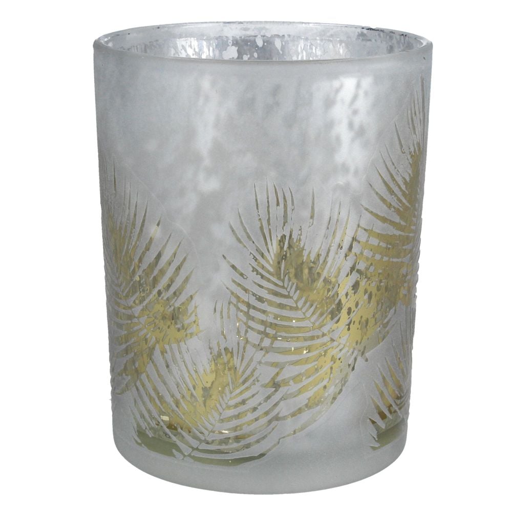 A Small Green & Silver Fern Shadow T-Light Candle Holder - 8cm tall x 7.5cm