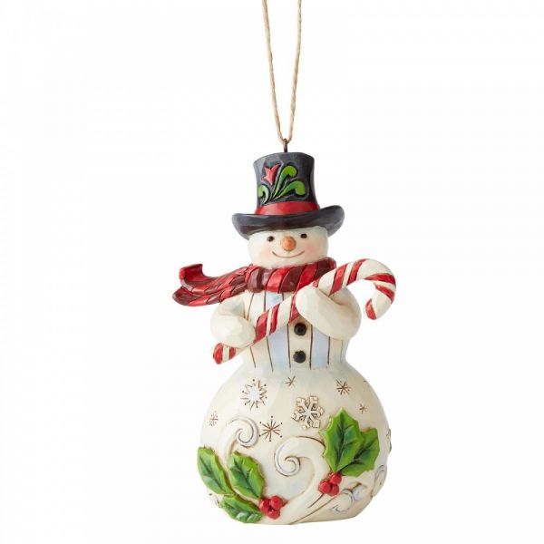 Jim Shore's Heartwood Creek, Snowman with Candy Cane hanging ornament- 12cm