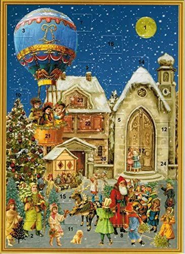 Victorian Village Scene with Hot Air Balloon Advent Calendar Card - 15cm x