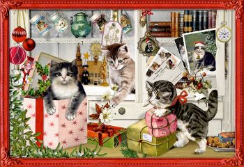 Cats & Kitten Christmas Scene Advent Calendar Card - 16.5cm x 11.5cm
