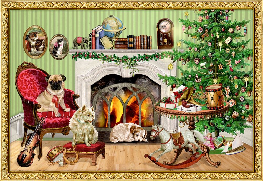 Victorian Dogs Christmas Scene Advent Calendar Card - 16.5cm x 11.5cm