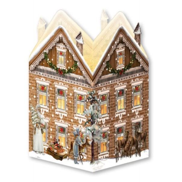 Advent Calendar Card Lantern with Santa, Reindeer & Village Scene - 16.5cm
