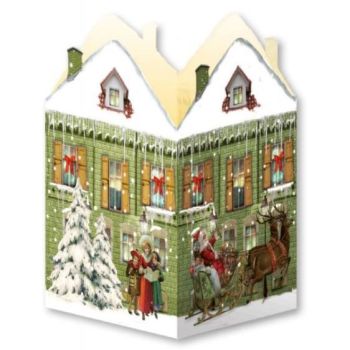 Advent Calendar Card Lantern with Santa on his Sleigh, Carol Singers & a Village Scene - 16.5cm x 11.5cm