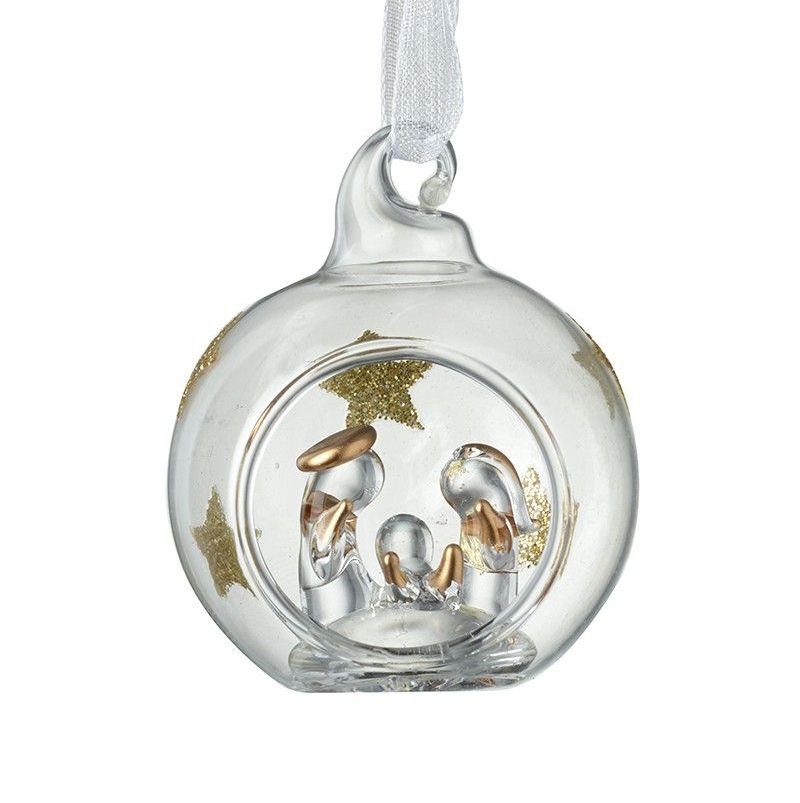 A Beautiful Glass Nativity Scene with Gold Glitter Stars inside a Bauble.