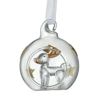 A Beautiful Glass Reindeer with Gold Glitter Stars inside a Bauble.