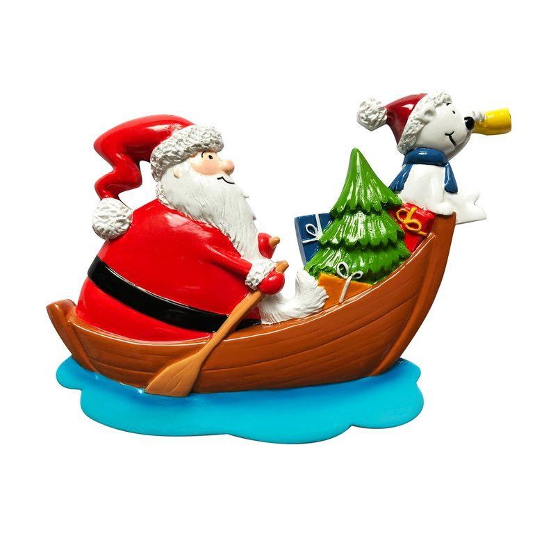 Ceramic Jolly Santa in his boat with his Snow Dog, Gifts and Christmas Tree