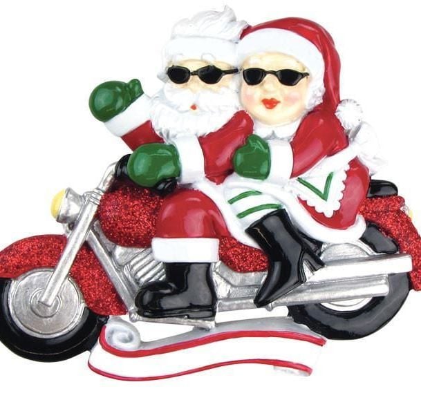 Ceramic Jolly Santa & Mary Christmas on their Motorbike. Personalise for yo
