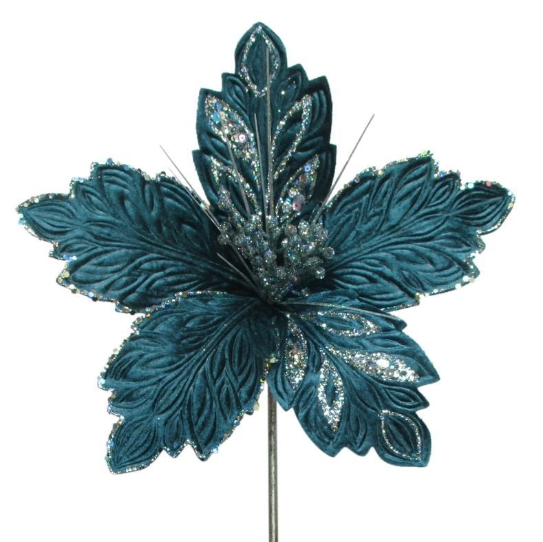 Blue Velvet Poinsettia Stem - 42cm tall