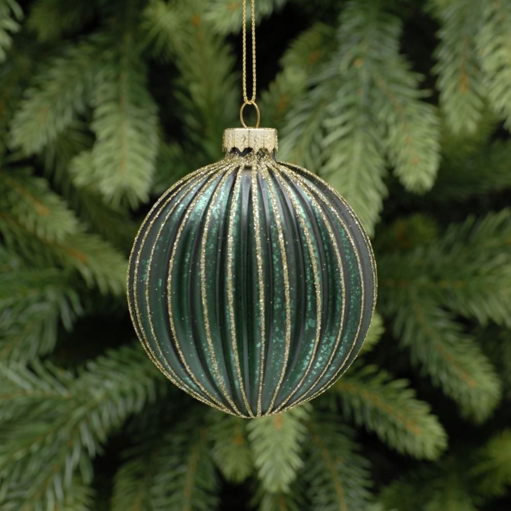 Green Glass Ridged Bauble with Gold Glitter - 8cm