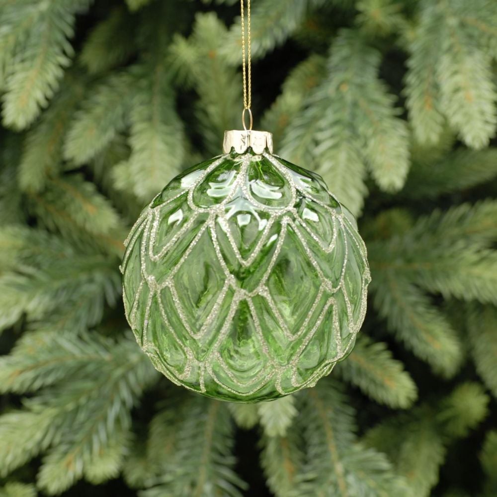 Beautiful Green with layered leaf glass Bauble with Gold Glitter - 10cm