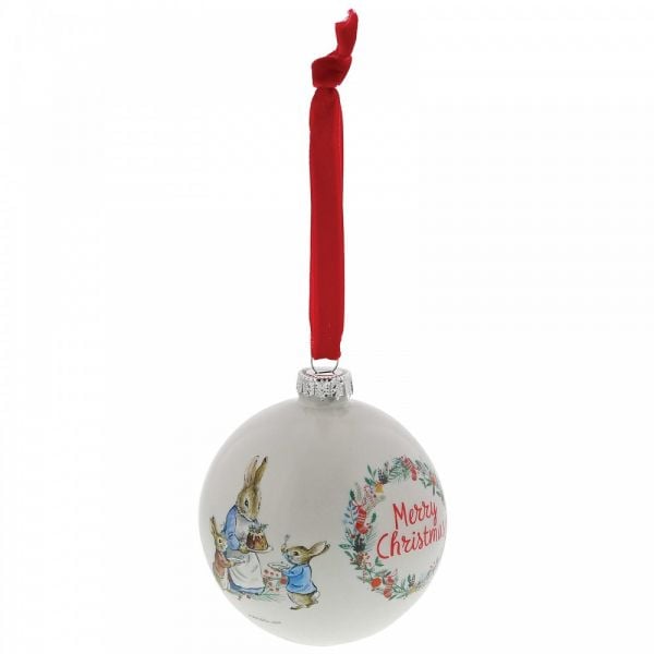 Peter Rabbit Christmas old English White Bauble - 8cm diameter.