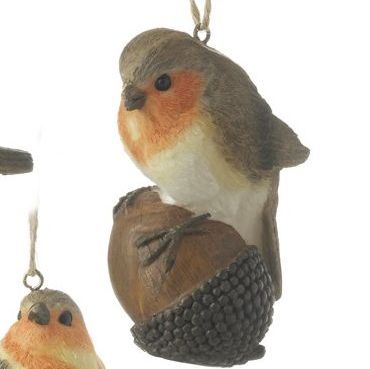 Gorgeous Robin Red Breast Bauble sitting on an Acorn