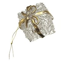 Clear Glass Christmas Present with Gold Bows - 5cm Square.