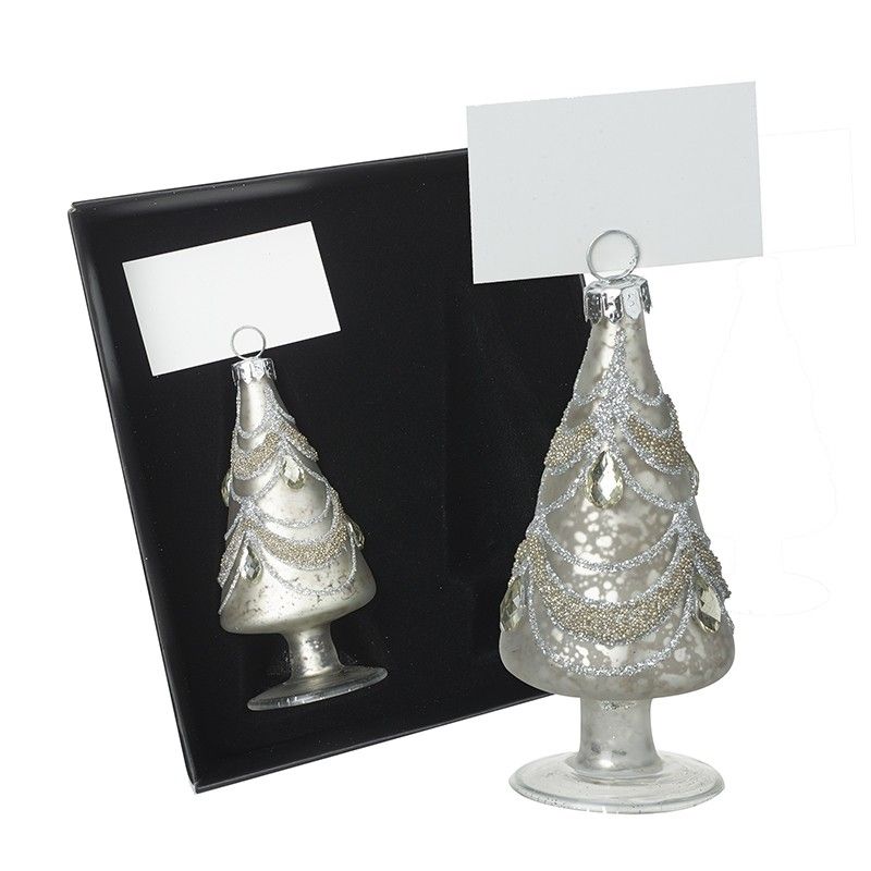 A pair of Glass Christmas Tree Namecard Holders - 9.5cm tall