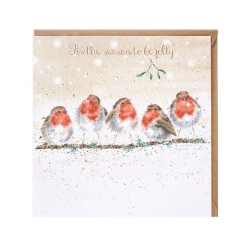 'Tis the Season to be Jolly' Robins on a branch Christmas Card - 15cm x 15cm
