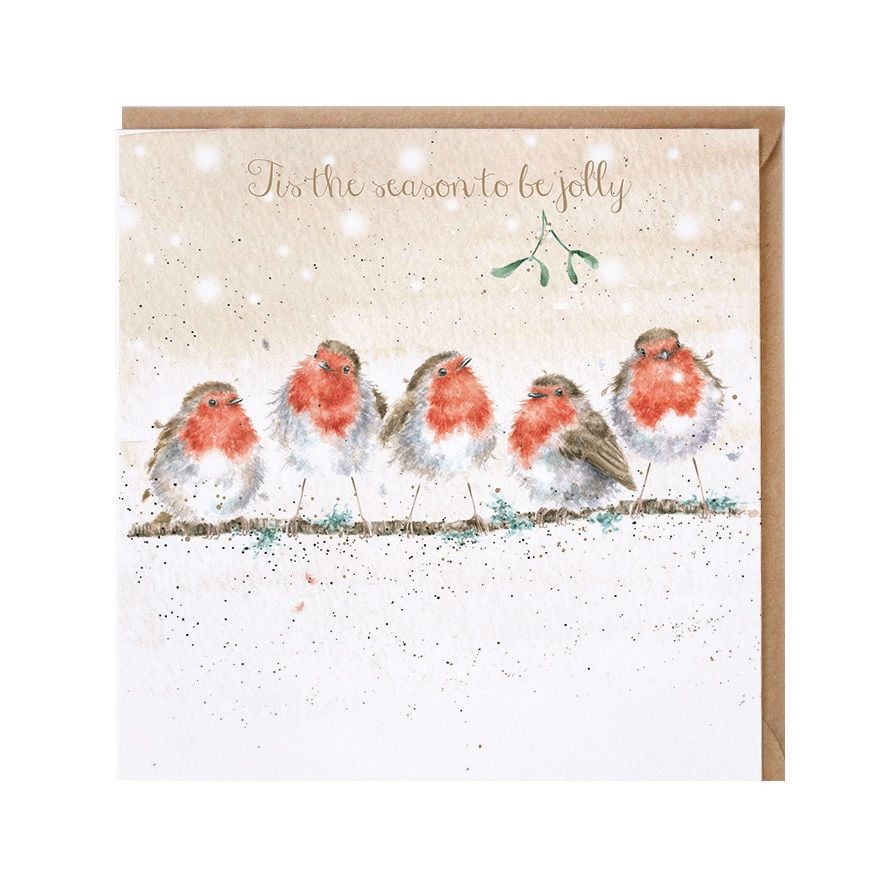 'Tis the Season to be Jolly' Robins on a branch Christmas Card - 15cm x 15c