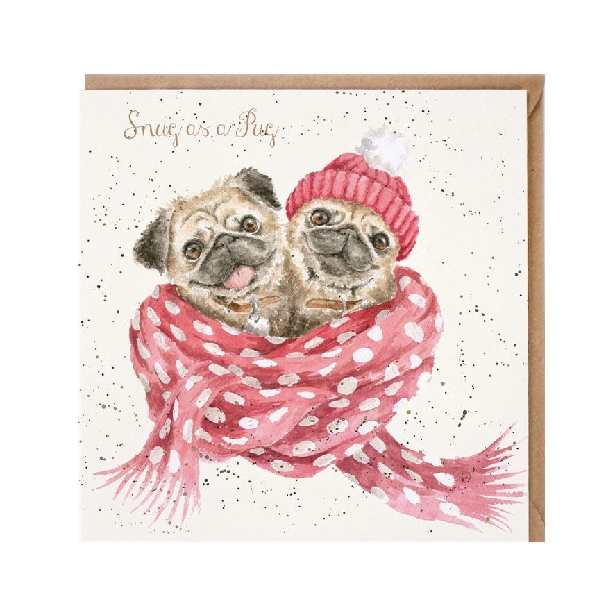 'Snug as a Pug' Pugs wrapped in scarves with woolly hats Christmas Card -