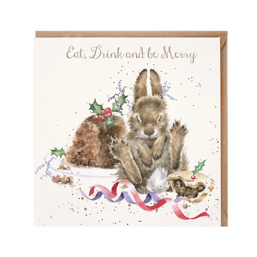 'Eat, Drink, & Be Merry' Rabbit Christmas Card by Wrendales Hannah Dale - 1