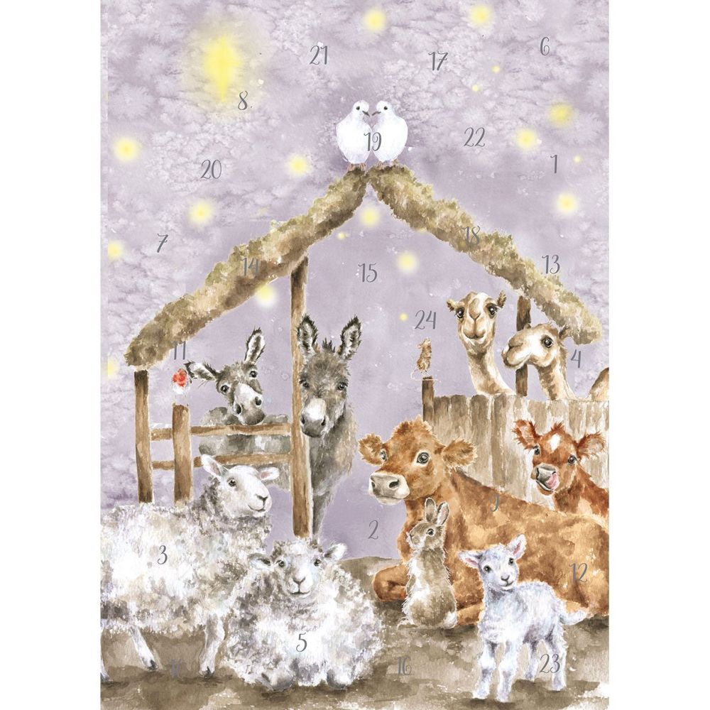 Away in a Manger Christmas Animals in a barn Advent Calendar Card by