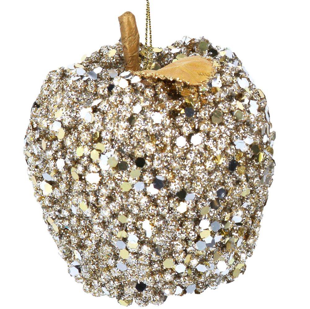 Gold Sequin Apple Bauble - 8cm tall x 8cm diameter